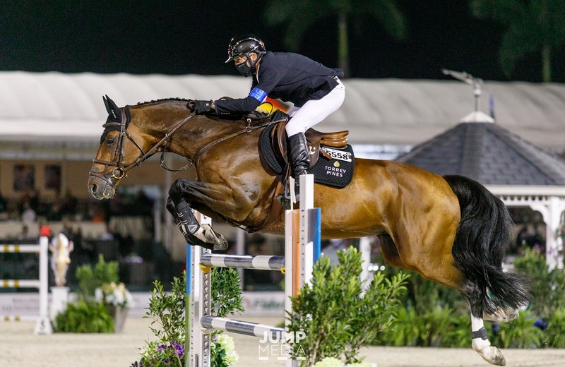 DIEU-MERCI VAN T&L (Toulon x Corrado I) en Eric Lamaze, 10èmes du GP 1m60 au CSI5* de Wellington le 13 février 2021 (photo: Rolex Torrey Pines Stable)